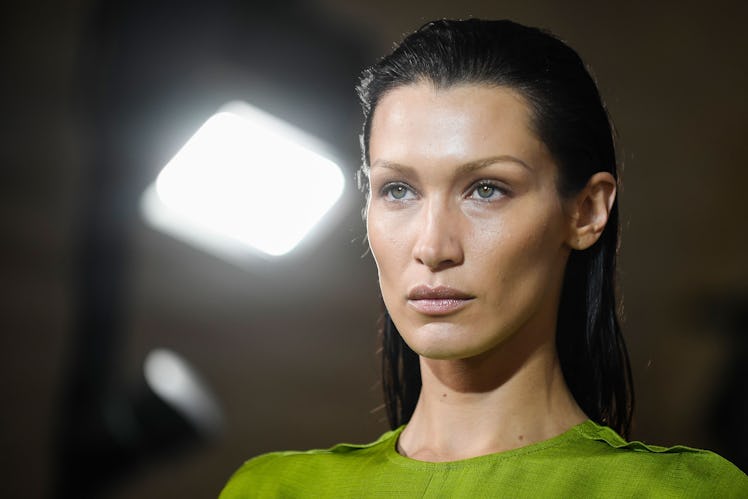 US model Bella Hadid presents a creation for the Victoria Beckham Spring-Summer 2023 fashion show du...