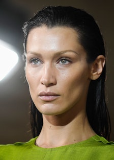 US model Bella Hadid presents a creation for the Victoria Beckham Spring-Summer 2023 fashion show du...