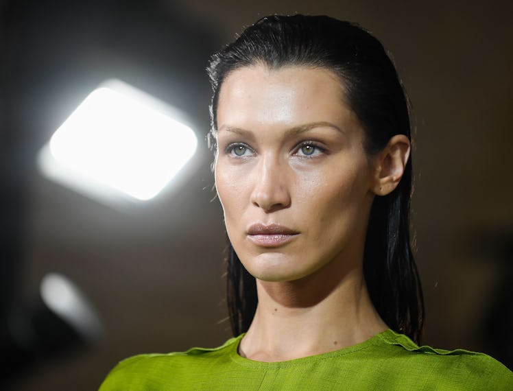 US model Bella Hadid presents a creation for the Victoria Beckham Spring-Summer 2023 fashion show du...
