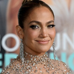 Jennifer Lopez attends the Los Angeles premiere of Prime Video's "Shotgun Wedding" in a rhinestone n...