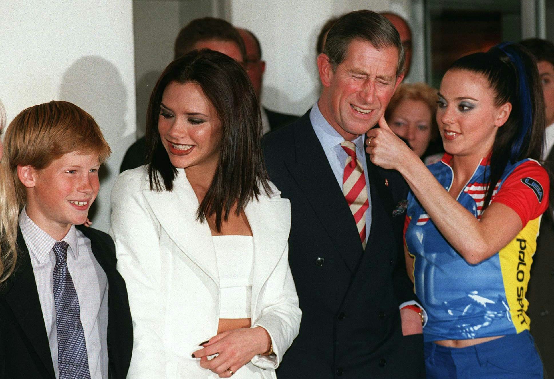Prince Harry and King Charles III with the Spice Girls in 1997.
