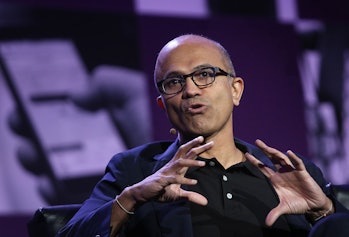 Microsoft CEO Satya Nadella speaks during the Next: Economy conference in San Francisco, California,...