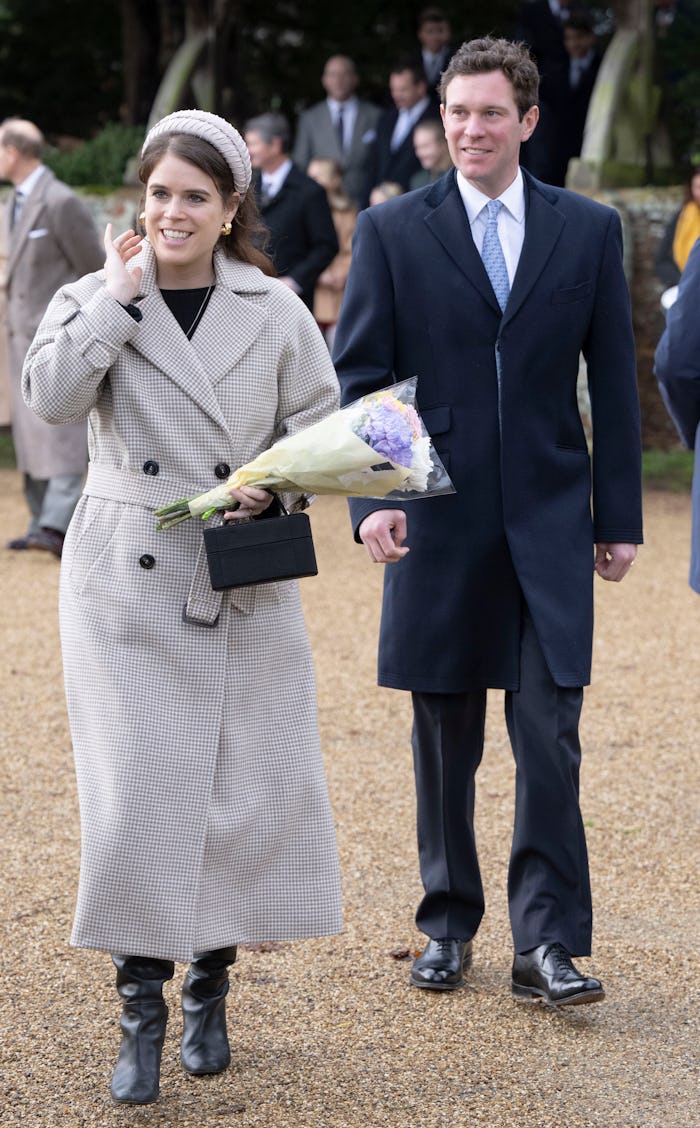 SANDRINGHAM, NORFOLK - DECEMBER 25: Princess Eugenie and Jack Brooksbank attend the Christmas Day s...