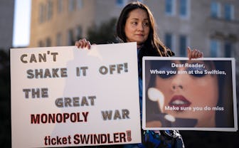 WASHINGTON, DC - JANUARY 24: Amy Edwards demonstrates against the live entertainment ticket industry...