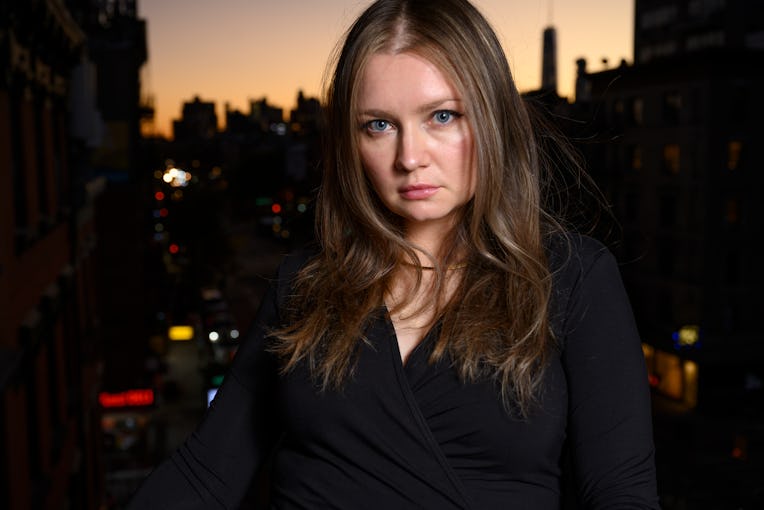 Anna Delvey on the fire escape of her East Village apartment, while on house arrest on November 7, 2...