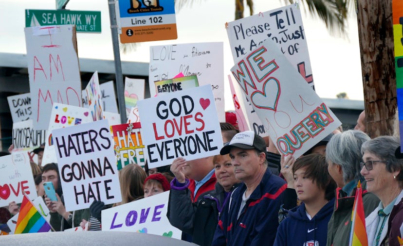 REDONDO BEACH, CA - January 11: A protest at Redondo Union High School by six members of the anti ga...