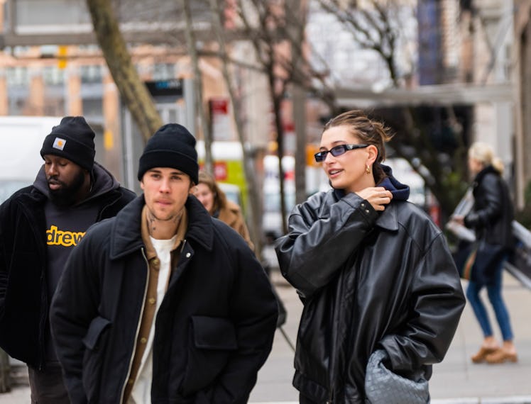 Justin Bieber (L) and Hailey Bieber are seen in Tribeca