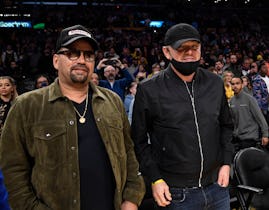 LOS ANGELES, CA - JANUARY 20: Leonardo DiCaprio (R) attends the Los Angeles Lakers and the Memphis G...