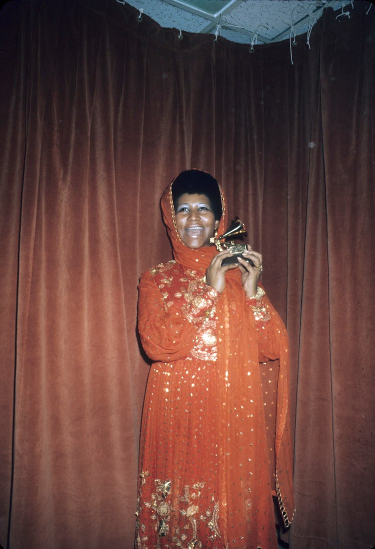 Aretha Franklin holding Grammy Award at the 14th Annual Grammy Awards, March 14, 1972. 