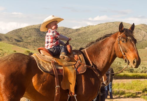 A young child wearing a cowboy hat, riding a horse in a picturesque country setting in an article ab...