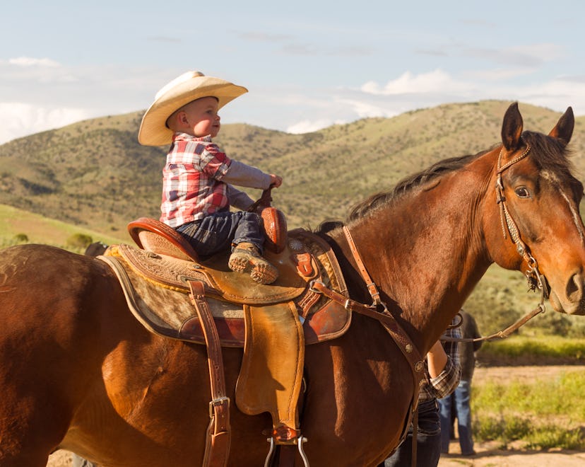 A young child wearing a cowboy hat, riding a horse in a picturesque country setting in an article ab...