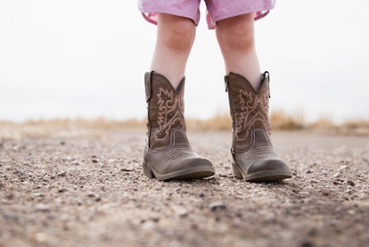 A close-up of a young child's cowboy boots in an article about western names.