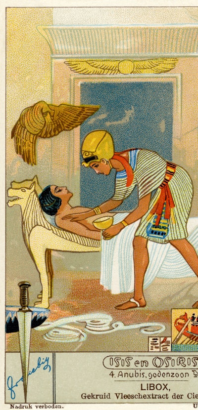 Anubis helps to embalm Osiris. Isis and Osiris. Liebig collectors' card 1933 Liebig S1280 / F1276 (P...