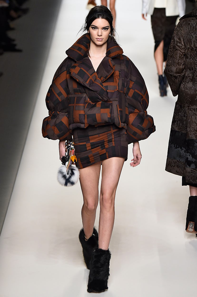 Kendall Jenner walks the runway at the Fendi show during the Milan Fashion Week Autumn/Winter 2015 o...