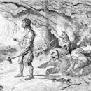 (Original Caption) Neanderthal Man in front of his cave.