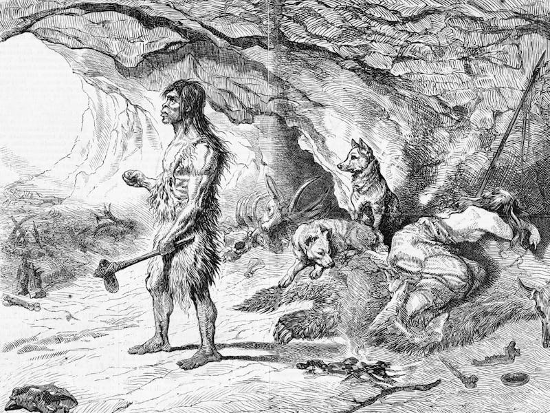 (Original Caption) Neanderthal Man in front of his cave.