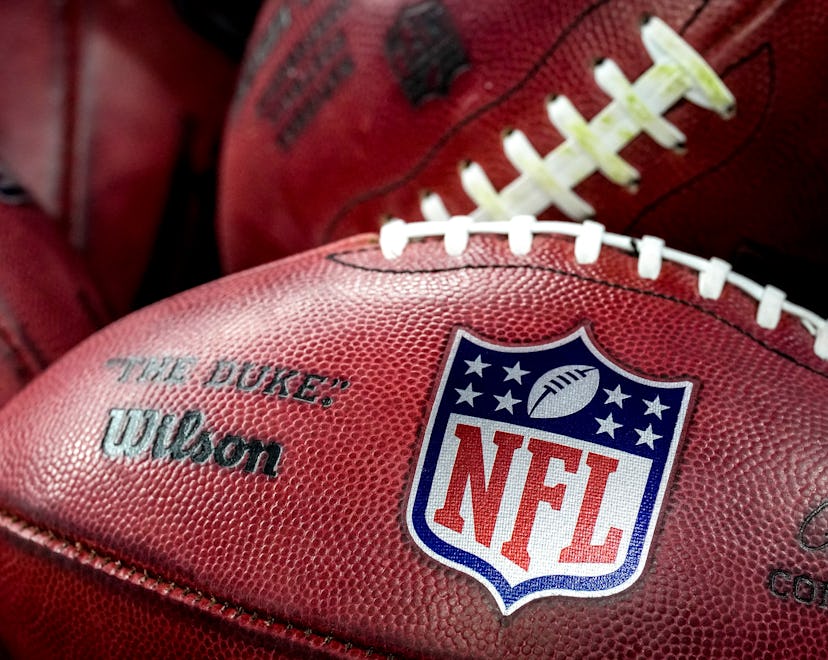 DETROIT, MICHIGAN - NOVEMBER 20: Wilson brand footballs with the NFL logo are pictured during the ga...