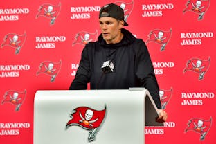 TAMPA, FLORIDA - JANUARY 16: Tom Brady #12 of the Tampa Bay Buccaneers speaks to the media after los...