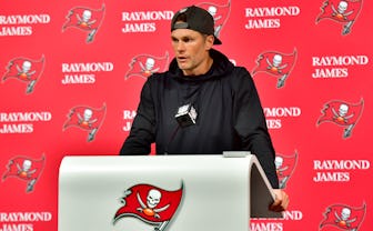 TAMPA, FLORIDA - JANUARY 16: Tom Brady #12 of the Tampa Bay Buccaneers speaks to the media after los...