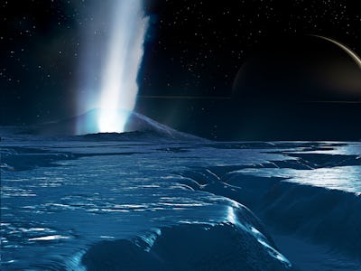 Water plumes on Enceladus, illustration. Enceladus is a mid-sized satellite of Saturn, about 500 km ...