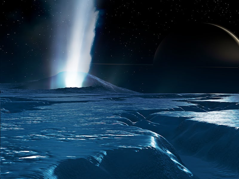 Water plumes on Enceladus, illustration. Enceladus is a mid-sized satellite of Saturn, about 500 km ...