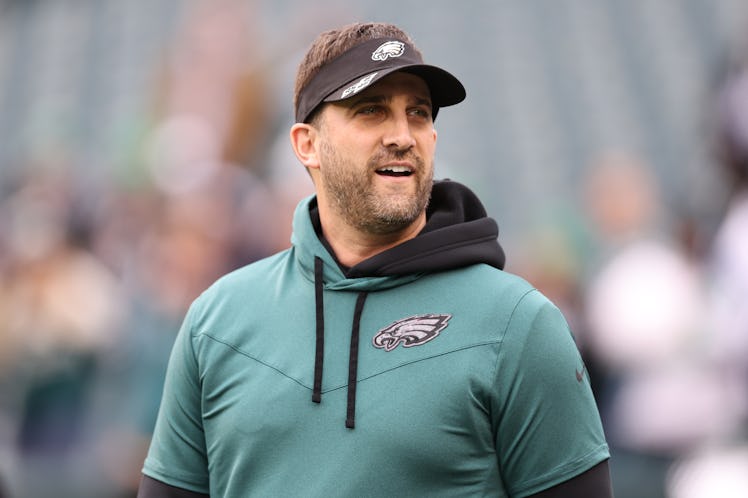 PHILADELPHIA, PENNSYLVANIA - JANUARY 29: Head coach Nick Sirianni of the Philadelphia Eagles looks o...