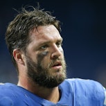 Detroit Lions tackle Taylor Decker (68) walks off of the field at the conclusion of a regular season...