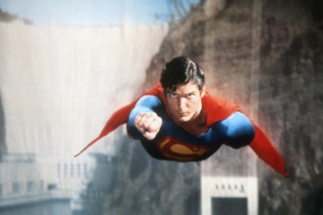 Christopher Reeve flying over the Hoover Dam in 'Superman the Movie', 1979. (Photo by Screen Archive...