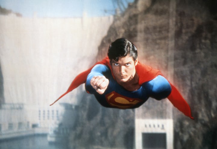 Christopher Reeve flying over the Hoover Dam in 'Superman the Movie', 1979. (Photo by Screen Archive...