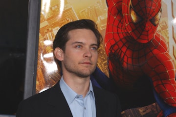 Tobey Maguire (star) arriving at the premiere of Columbia Pictures' "Spider-Man" at the Village Thea...