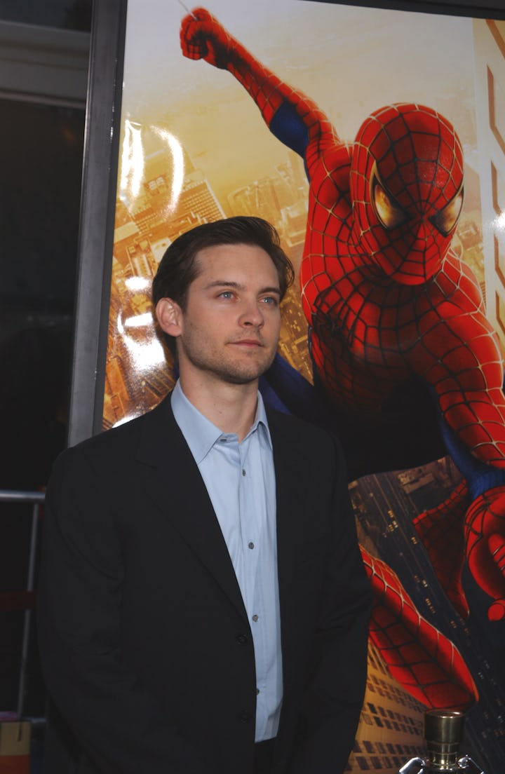 Tobey Maguire (star) arriving at the premiere of Columbia Pictures' "Spider-Man" at the Village Thea...