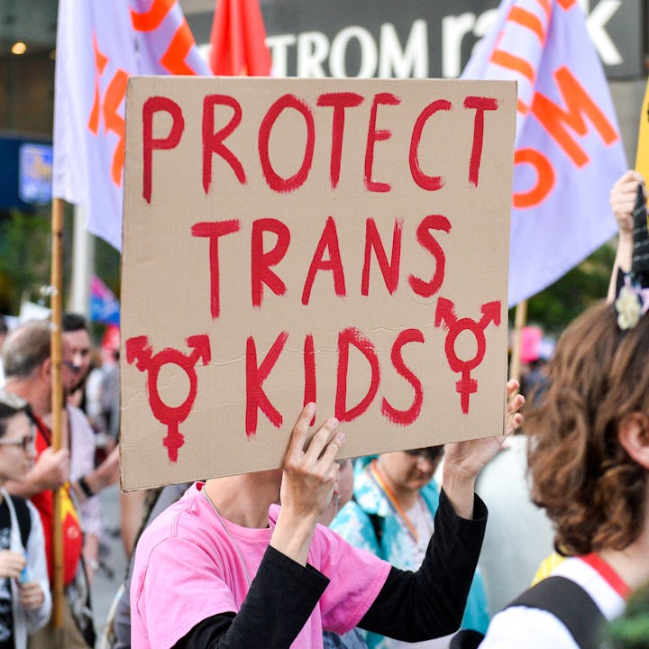 Placard saying, Protect the Trans kids, during the Trans march. Spectators displayed their support t...