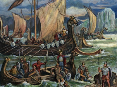 Illustration of Norse explorers landing at the coast of France during one of their many raids of con...