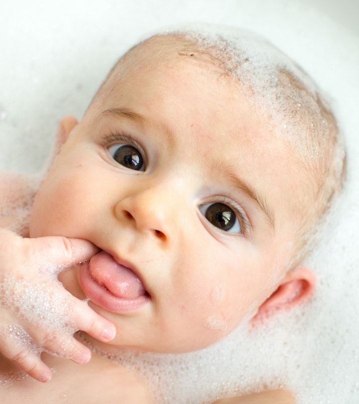 a baby in the bath, in an article about how to get rid of cradle cap treatments