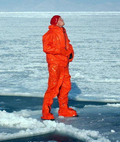SPITSBERGEN, NORWAY - MARCH 30:  Prince Harry tries out an immersion suit as he joins the Walking wi...
