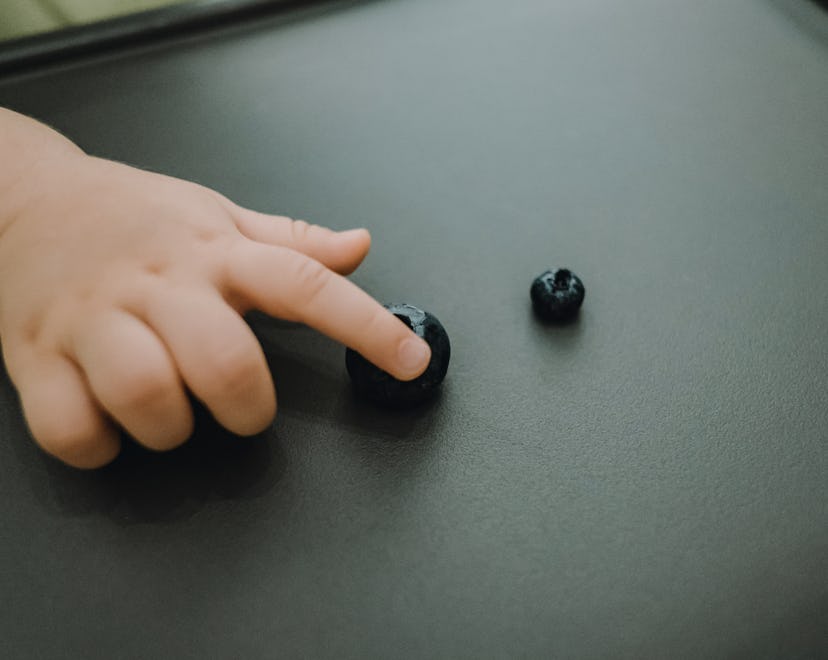 Close up of baby's hand making decision and picking up a bigger sized blueberry on high chair
