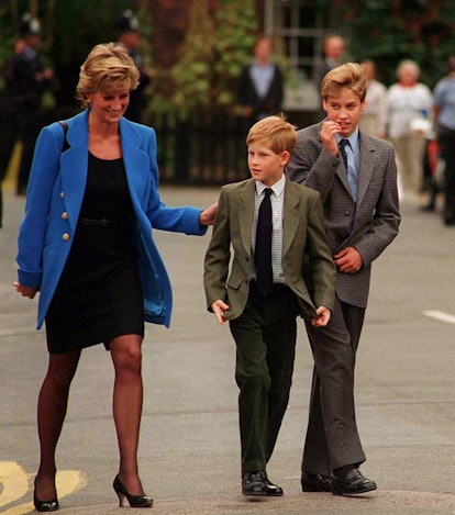 Prince William arrives with Diana, Princess of Wales and Prince Harry for his first day at Eton Coll...