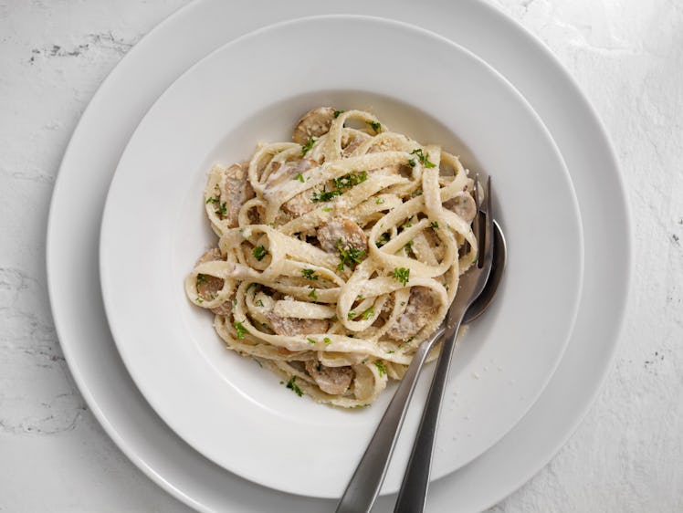 A bowl of fettuccine with Khloe Kardashian's recipe for a white cream sauce for pasta.  