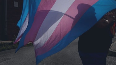 A marcher carries a Transgender Pride flag during a march in Kansas City. Lawmakers in Kansas and Mi...