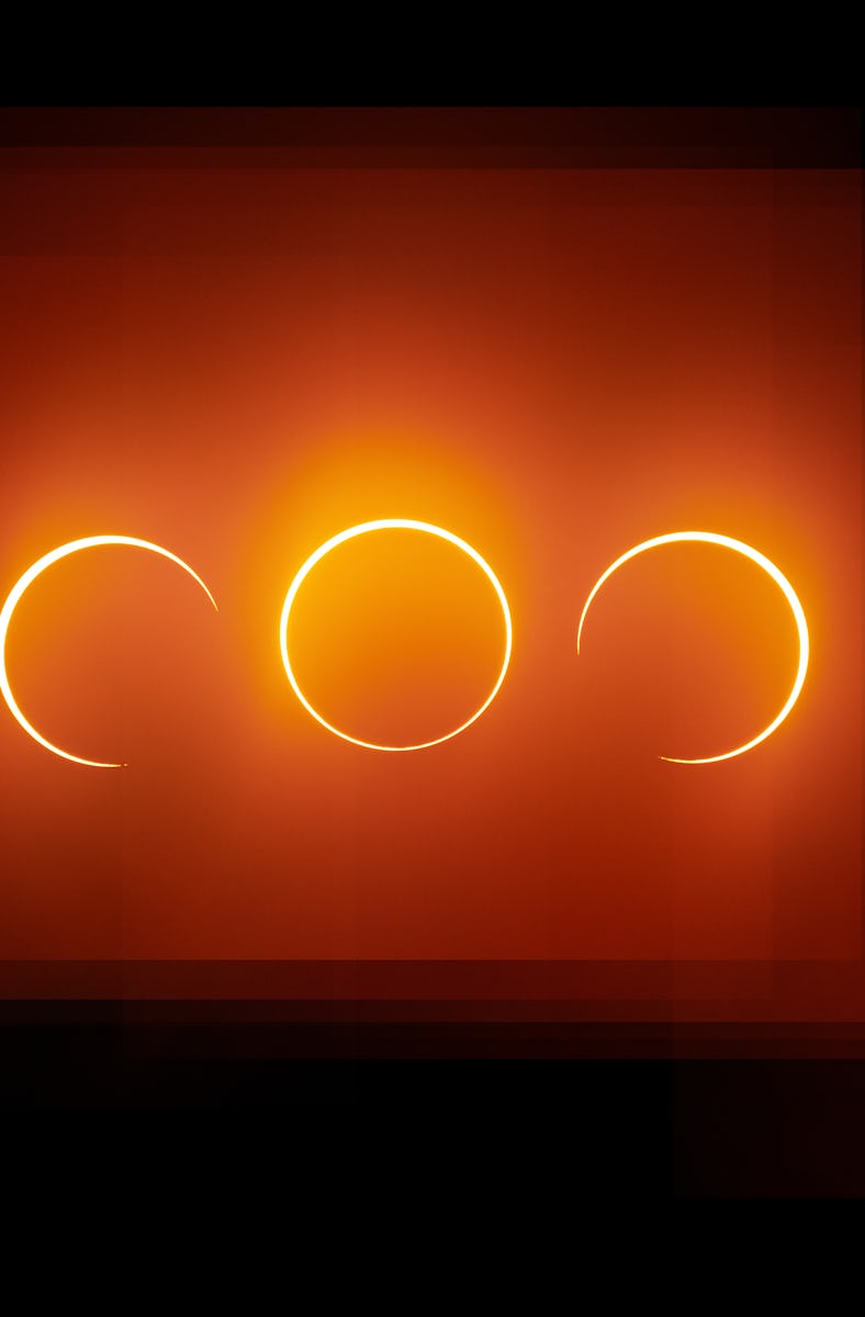 Telephoto sequence shot of the annular solar eclipse in Singapore on December 26th 2019, peaking at ...