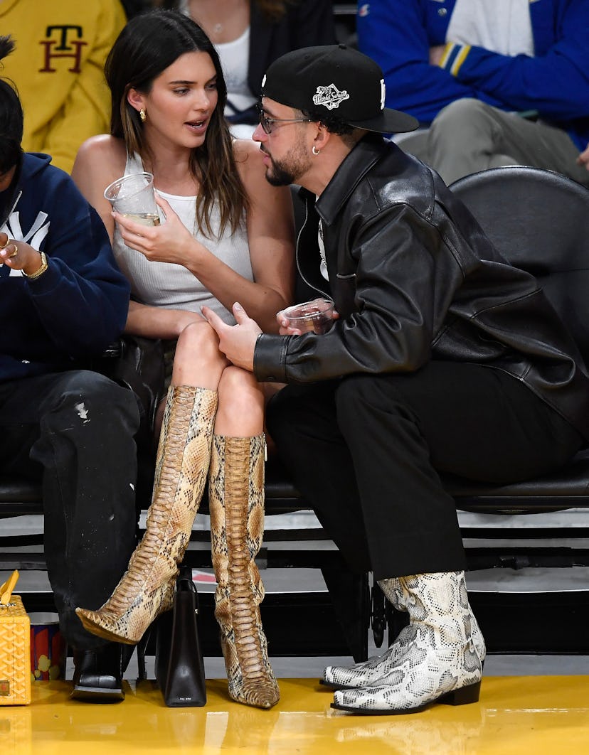 Kendall Jenner and Bad Bunny attend the Western Conference Semifinal Playoff game between the Los An...