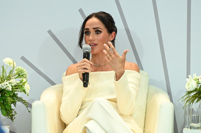 NEW YORK, NEW YORK - OCTOBER 10: Meghan, Duchess of Sussex speaks onstage at The Archewell Foundatio...