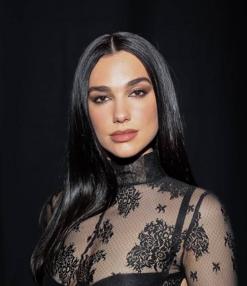 Dua Lipa long black hair and lace bodysuit