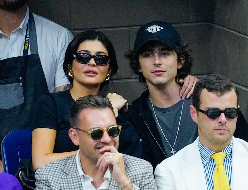 NEW YORK, NEW YORK - SEPTEMBER 10:  Kylie Jenner and Timothée Chalamet are seen at the Final game wi...