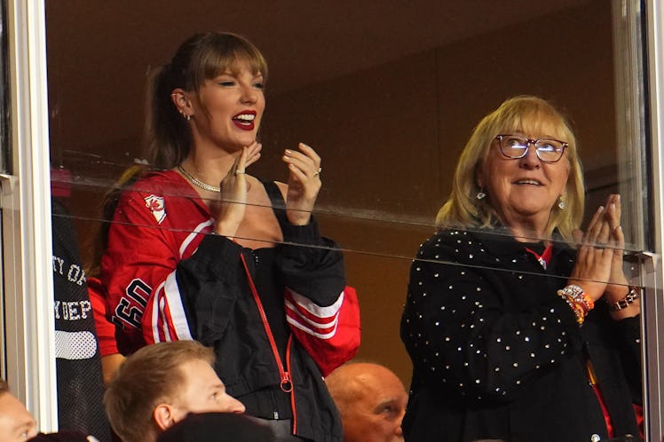 Taylor Swift, seated next to Donna Kelce, wore a Kansas City Chief outfit that can inspire you on wh...