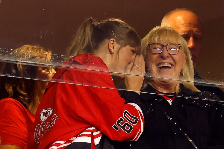 Taylor Swift and Donna Kelce look on before the game between the Kansas City Chiefs and the Denver B...
