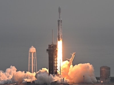 A SpaceX Falcon Heavy rocket with the Psyche spacecraft launches from NASA's Kennedy Space Center in...