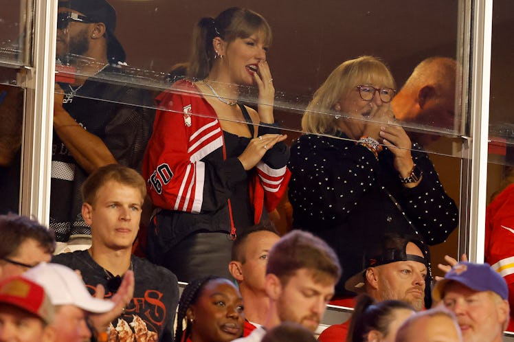Taylor Swift and Donna Kelce look on before the game between the Kansas City Chiefs and the Denver B...