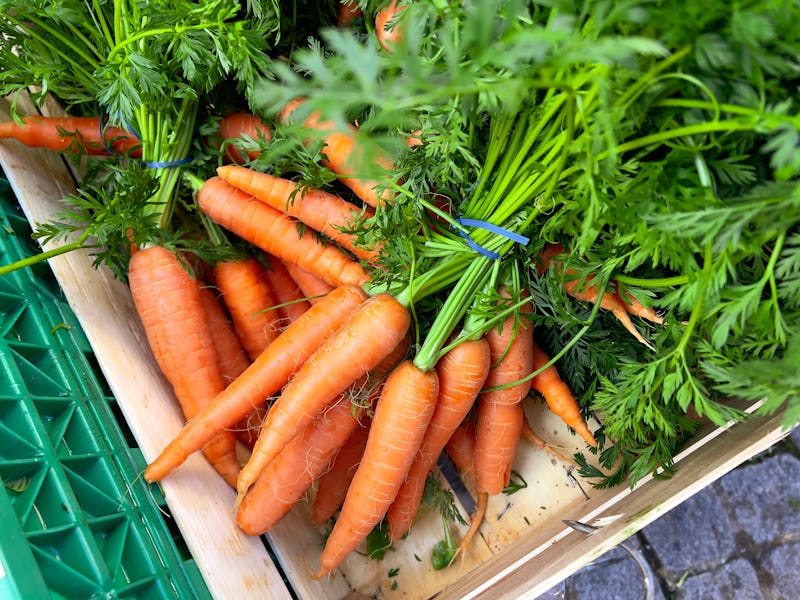 Carrots for sale at street market at old town of Biel, Bern canton, Switzerland