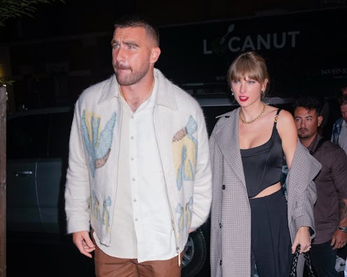 NEW YORK, NEW YORK - OCTOBER 15: Travis Kelce and Taylor Swift arrive at SNL Afterparty on October 1...